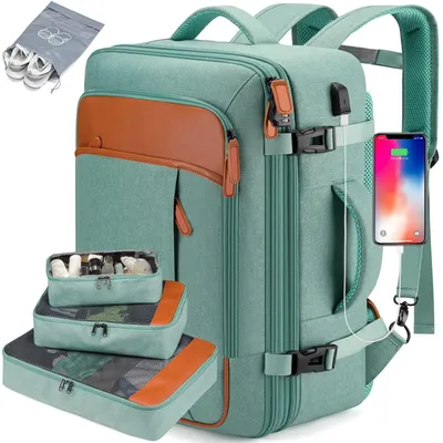 Image de Sac à dos de voyage, sac cabine (vert), 42 litres, conforme aux réglementations aériennes, sac de voyage extensible, sac cabine, grand sac à dos de jour avec 4 organisateurs de rangement