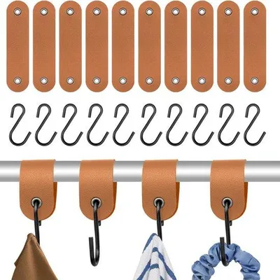 Produktbild von 10er Set S-Haken mit Lederknoten, 12,5 x 3 cm, Haken für Kleiderstangen, Küche, Badezimmer, braun