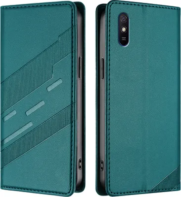 A teal flip case for a Xiaomi Redmi 9A phone is shown from two angles.