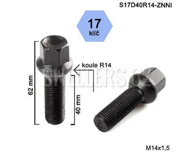 Obrázok produktu pre Skrutka kolesa M14x1,5x40 guľa R14, kľúč 17, S17D40R14-ZNNI; čierna, výška 62