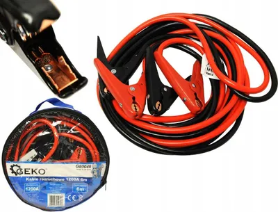 A collage of images showing a set of jumper cables, a close-up of a clamp, and the cables in their storage bag.