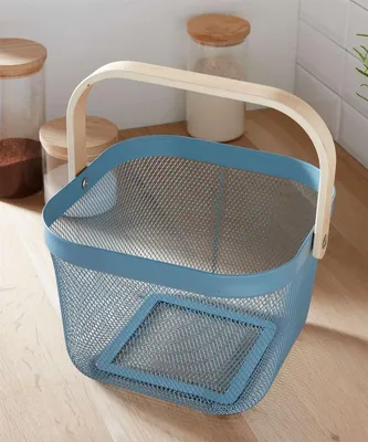 Image de Panier métallique "Blue" avec anse en bambou, panier de transport bleu avec anse, panier à fruits, panier de rangement, petit panier à provisions