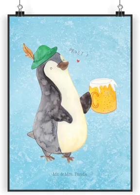 Produktbild von Mr. & Mrs. Panda Bild Pinguin Bier DIN A4 - Eisblau - Geschenk, , wanddeko, Posterdruck, Beschwippst, Wanddekoration, drucke, Wandbild