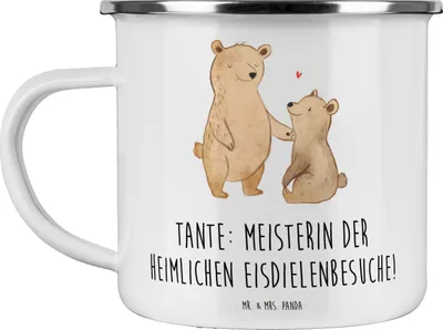 Produktbild von Mr. & Mrs. Panda Emaille Tasse Tante Eisdielenmeisterin - Weiß - Geschenk, Humor, Becher, handgemacht, Verwandtschaft, Familie, Neffe, Handarbeit, Lustig, Teetasse, Pott