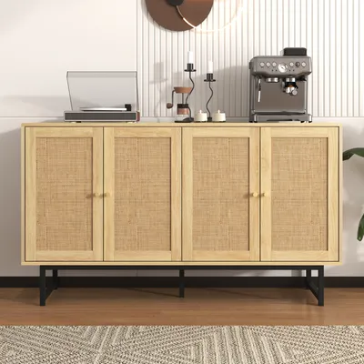A wooden sideboard with rattan doors is displayed in a room with a coffee machine and a record player on top.