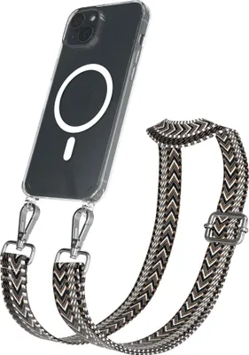 Produktbild von EAZY CASE - Handykette mit MagSafe Hülle für Apple iPhone 15 Plus, Handyband ZigZag Style,Karabiner Silber, Umhängeband in Grau