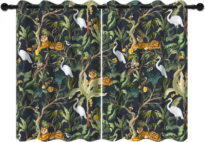 Productafbeelding van Jungle Safari verduisterende gordijnen voor slaapkamer - Groen - Tropisch bos - Wild - Tijger - Kraan - Dieren - Bomen
