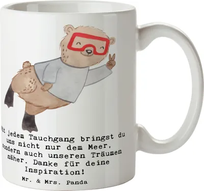 Produktbild von Mr. & Mrs. Panda Kaffeetasse Tauch Trainerin - Weiß - Geschenk, Becher, Henkeltasse, Tauchschulung, Tauchgang, kaffeebecher bedruckt, Sportarten, Abenteuer, Meereswelt