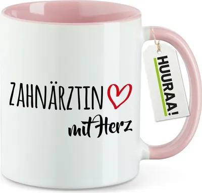 Produktbild von Huuraa Kaffeetasse Zahnärztin mit Herz 330ml Rosa Keramik Kaffeebecher Geschenkidee