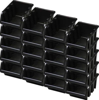A stack of black storage bins.