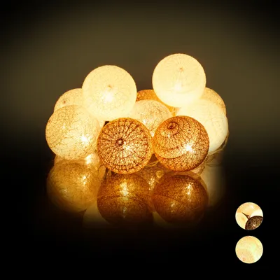 Image de Guirlande lumineuse LED Relaxdays avec 10 boules en coton, fonctionnant à piles, éclairage d'ambiance, boules de 6 cm de diamètre, blanc-gris-marron
