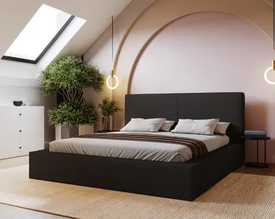 Produktbild von Polsterbett 160x200 cm Morin - Doppelbett mit dicker Schaumstoff - Lattenrost, Bettkasten inklusvie - Bouclé Schwarz