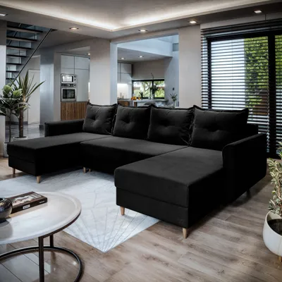 Zdjęcie produktu dla Masseno Narożnik VERNI z funkcją spania i pojemnikiem na pościel Kształt U, Rozkładana sofa, Rogówka - Czarny, KRONOS 07