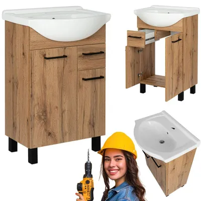 Produktbild von Astor | Badezimmer Set Lupo Wotan - 55 Cm - 2 Türen Und Schublade - Keramikwaschbecken - Holzoptik