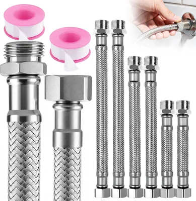 Productafbeelding van 8 inch roestvrijstalen flexibele slangenset - 6 stuks flexibele slang 3-8 (10 cm - 20 cm - 30 cm) + 2 afdichtingstapen