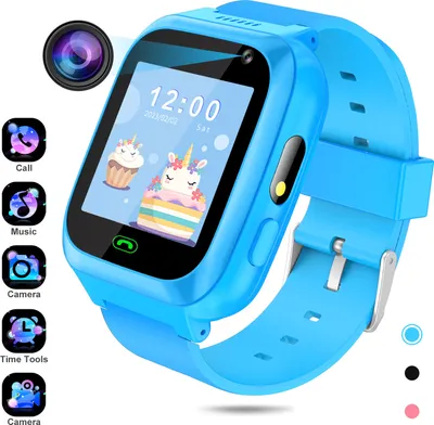 A blue smartwatch for children is displayed with various app icons on the left side.