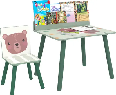 Image de Ensemble de chaise et de table pour enfants AIYAPLAY, avec étagère de rangement, en MDF et en bois de pin, de couleur verte