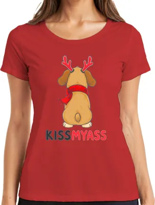 Produktbild von KISS MY ASS lustiger Weihnachtshund Rentierohren Cartoon Spruch Damen T-Shirt, Rot, S