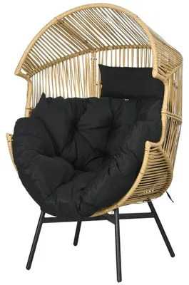 Zdjęcie produktu dla Fotel jajko do użytku na zewnątrz 89x75x143 cm – fotel z rattanu PE, fotel ogrodowy, fotel bujany, fotel bujany na taras, kolor naturalny + czarny