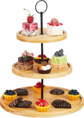 Productafbeelding van Etagère - Laags - Bamboe - Cake - Hapjes - Fruit - Metalen handvat - Serveertoren - HxØ: 36 x 28 cm - Naturel - Zwart