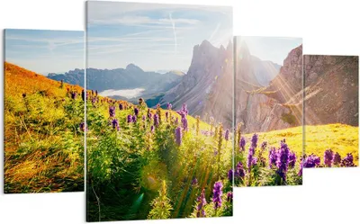 Produktbild von Bild auf Leinwand - Leinwandbild - Berge Wiese Blumen - 160x90cm - Wand Bild - Wanddeko - Leinwanddruck - Bilder - Kunstdruck - Wanddekoration - Leinwand bilder - Wandkunst - DL160x90-4008