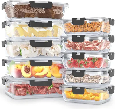 Obrázek produktu pro Skleněné nádoby na potraviny – úložné boxy – příprava jídel – vhodné do trouby, mikrovlnné trouby, myčky a mrazáku – 10 kusů, objem 1060 ml a 370 ml – průhledné