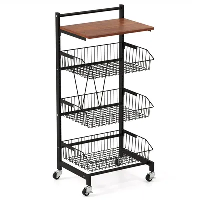 Produktbild von GOPLUS Servierwagen auf Rollen, Gemüseregal mit herausziehbaren Drahtkörben & Holzplatte, Rollwagen Aufbewahrungswagen, Schwarz (42x31x88 cm)