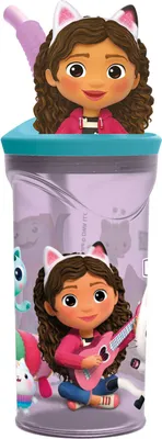 Imagen del producto de Vaso con pajita de la colección "Gabby's Dollhouse", diseño "Fiesta", color rosa intenso, material PVC, capacidad de 360 ml