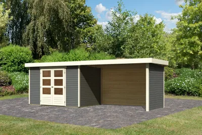 Produktbild von Karibu Gartenhaus Gerätehaus Askola 4 im Set mit Anbaudach 2,80 m Breite und 19 mm Seiten- Rückwand terragrau 557x217x211 cm