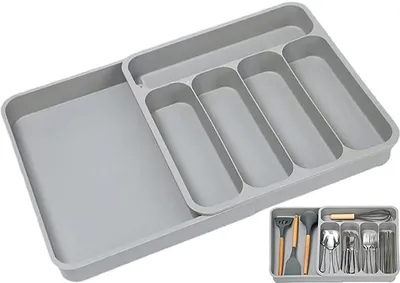 Zdjęcie produktu dla Regulowany pojemnik na sztućce – wysuwany pojemnik na sztućce – organizer do szuflad kuchennych – 32,5/53 x 34,5 x 5,5 cm – pojemnik do przechowywania sztućców