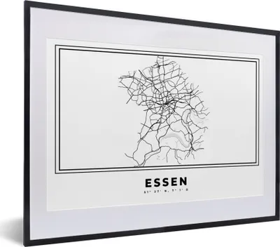 Produktbild von MuchoWow® Gerahmtes Poster Schwarz und weiß - Deutschland - Karte - Stadtplan - Essen 40x30 cm - Poster mit Schwarzem Bilderrahmen Wandposter Rahmen Foto Bilder - Bilderrahmen - Poster im Rahmen