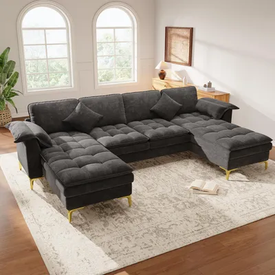 Immagine prodotto di Divano angolare a forma di U, modulare, con 4 posti e 2 chaise longues, divano "Cloud" con gambe in metallo dorato, divano per soggiorno, in tessuto chenille, colore grigio