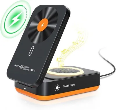 Produktbild von Kabelloses Ladegerät mit Bluetooth-Lautsprecher – Schwarz – Multifunktional mit ausklappbarem Telefonhalter – Für Smartphones