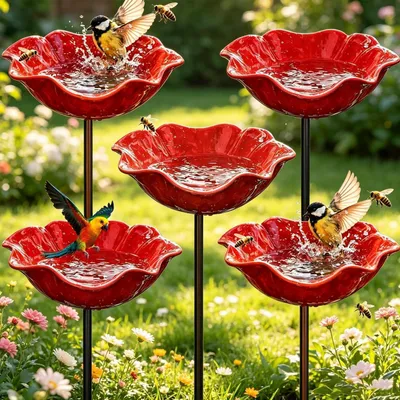 Immagine prodotto di Abbeveratoi per uccelli, forma a fiore, metallo, resistenti al gelo, colore rosso, confezione da 5 pezzi