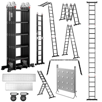Image de TEENO Échelle Multifonction 7 en 1, 5.8 M, 4x5 Marches, Échelle Pliante en Aluminium avec 2 Plateformes, Pieds en Caoutchouc, 2 Roues Amovibles