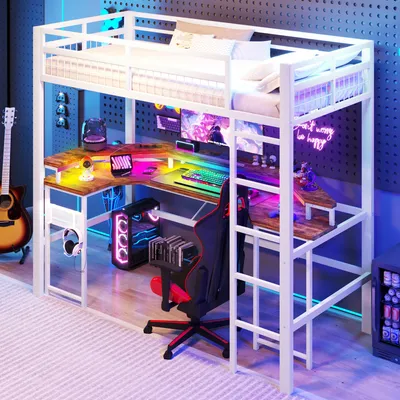 Image de OKWISH Lit Mezzanine 90x200 cm - avec Bureau Intégré, Éclairage LED Réglable et Panneau Perforé - USB, Type-C et 2 Prises - Métal + MDF - Blanc