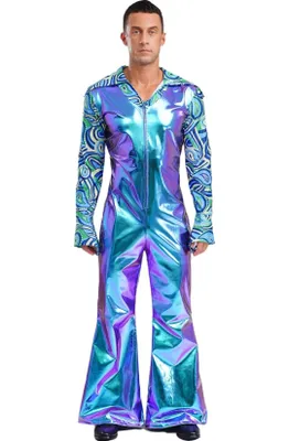 Obrázek produktu pro Pánský diskový kostým, metalický overal, velikost XL, styl 70. let, široké kalhoty, retro, vhodný na party, karneval, fašank, koncert, rave, Halloween