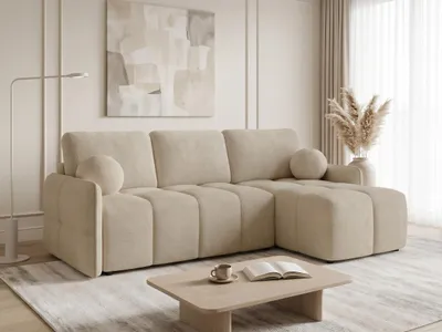 Produktbild von Ecksofa Nubo mit Schlaffunktion und Bettkasten - Bouclé-Stoff - L-Form Couch, Polstersofa, Schlafsofa, Sofagarnitur, Bettsofa (Beige (Coral 65))