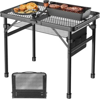 Image de Table de camping pliable - Table de barbecue portable de 2 x 1,3 pieds avec plateau en filet - Hauteur réglable, imperméable et résistante au feu, idéale pour les pique-niques, le camping et la plage