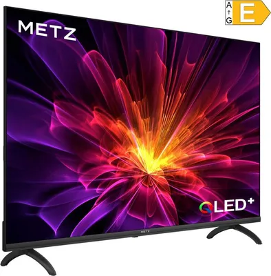 A television screen displaying a colorful abstract image, with the brand logo and energy efficiency rating visible.