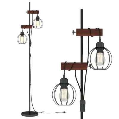 Image de Puluomis Lampadaire 153cm, 2x E27 Lampadaire avec abat-jour en métal et interrupteur double, lampe de lecture pour chambre à coucher salon noir marron