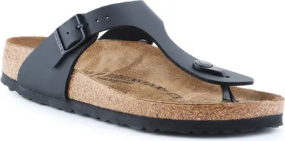 A single black Birkenstock Gizeh sandal shown from a diagonal angle against a white background.