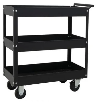 Image de Chariot à outils ouvert noir avec 3 compartiments, 4 roulettes (dont 2 avec frein), 715 x 355 x 780 mm
