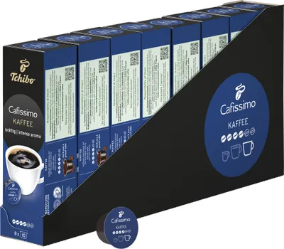 A display box of Tchibo Cafissimo coffee capsules, with a single capsule shown in the foreground.