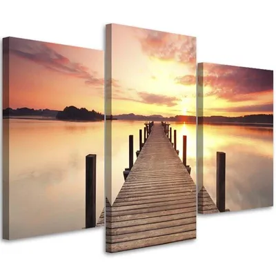 Produktbild von Triptychon auf leinwand sonnenuntergang über einer seebrücke 120x80 cm Feeby rosa wandbild bereit zum aufhängen