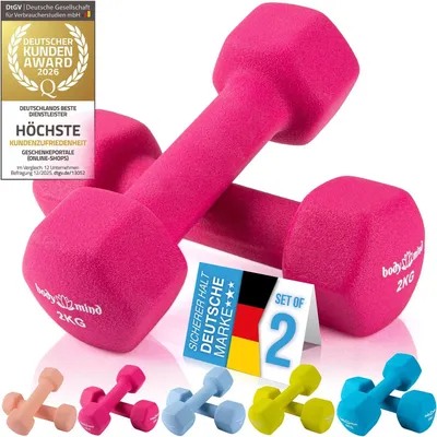 Productafbeelding van Body & Mind Neopreen korte gewichten, set van 2 – Rolbestendig zeshoekig ontwerp voor een extreem goede grip tijdens het trainen thuis, fitness en aerobics, 2 kg