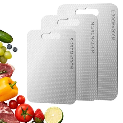 Produktbild von 3-teiliges Schneidebrett-Set aus Titan, spülmaschinenfest, multifunktionales Edelstahl-Schneidebrett, doppelseitiges Titan-Schneidebrett, lebensmittelecht, antibakteriell und BPA-frei