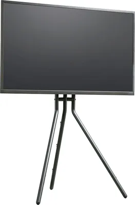 A black TV tripod stand with a dark screen.