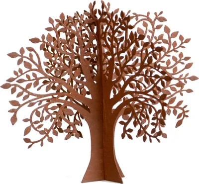 A decorative tree sculpture made of rusted metal, presented as a freestanding tabletop decoration.