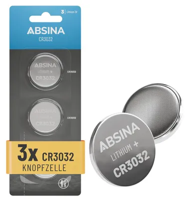 Produktbild von ABSINA CR3032 Knopfzelle Lithium 3V - CR 3032 Batterie - 3er Pack CR 3032 Knopfzellen mit langer Haltbarkeit